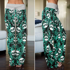 Thorned Rose Skull Pattern Women's High-waisted Wide Leg Pants