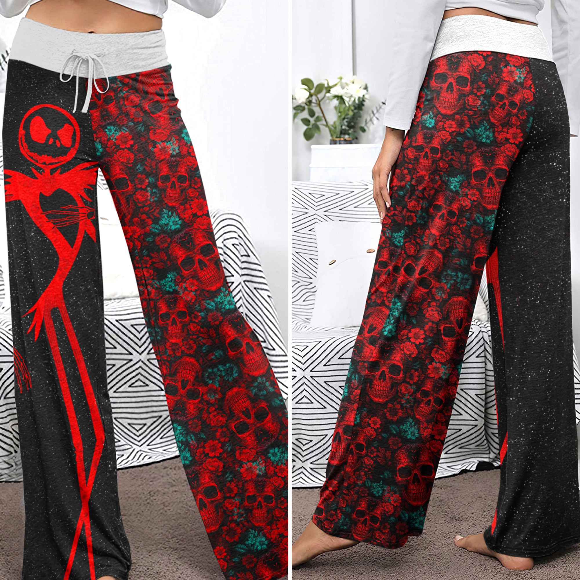 Red Skeleton Flower Art Women's High-waisted Wide Leg Pants