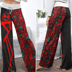 Red Skeleton Flower Art Women's High-waisted Wide Leg Pants