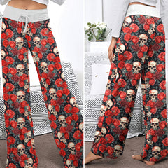 Blood Red Skull Bloom Women's High-waisted Wide Leg Pants