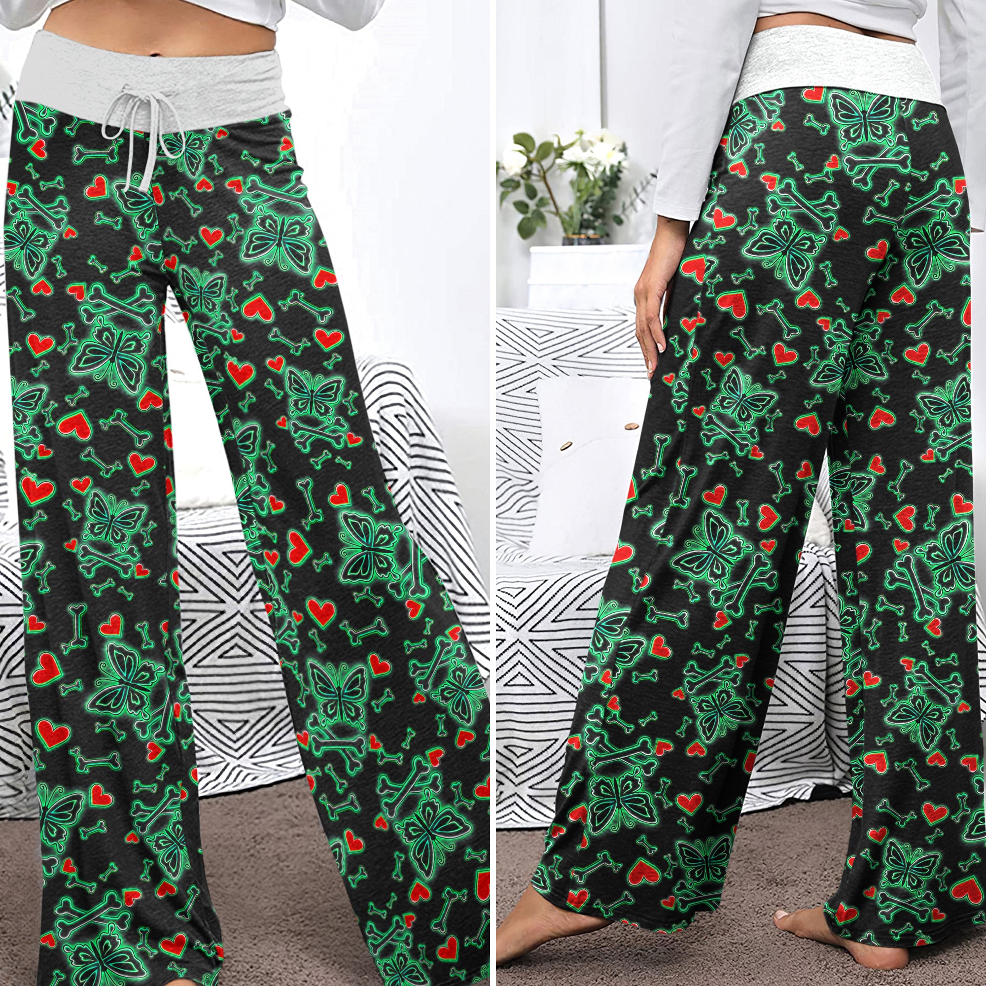 Midnight Glow Skulls Butterfly Women's High-waisted Wide Leg Pants