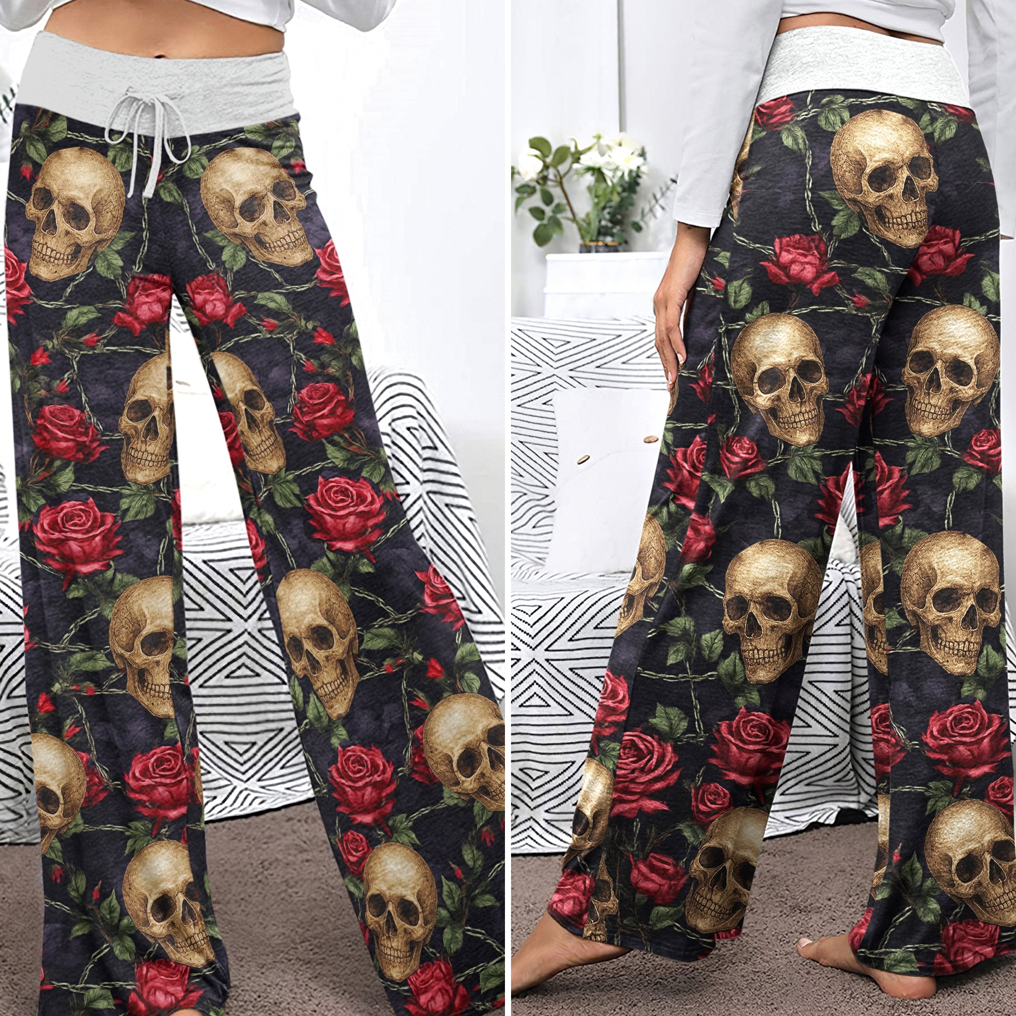 Gothic Skull Rose Art Women's High-waisted Wide Leg Pants