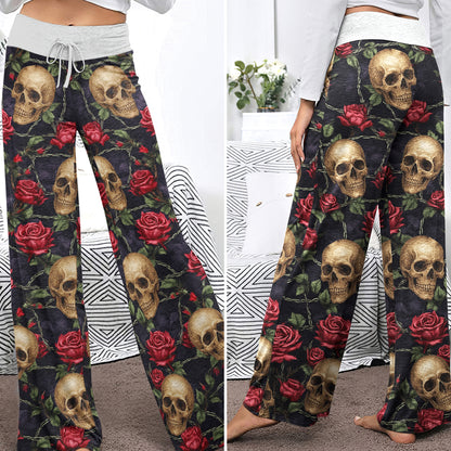 Gothic Skull Rose Art Women's High-waisted Wide Leg Pants