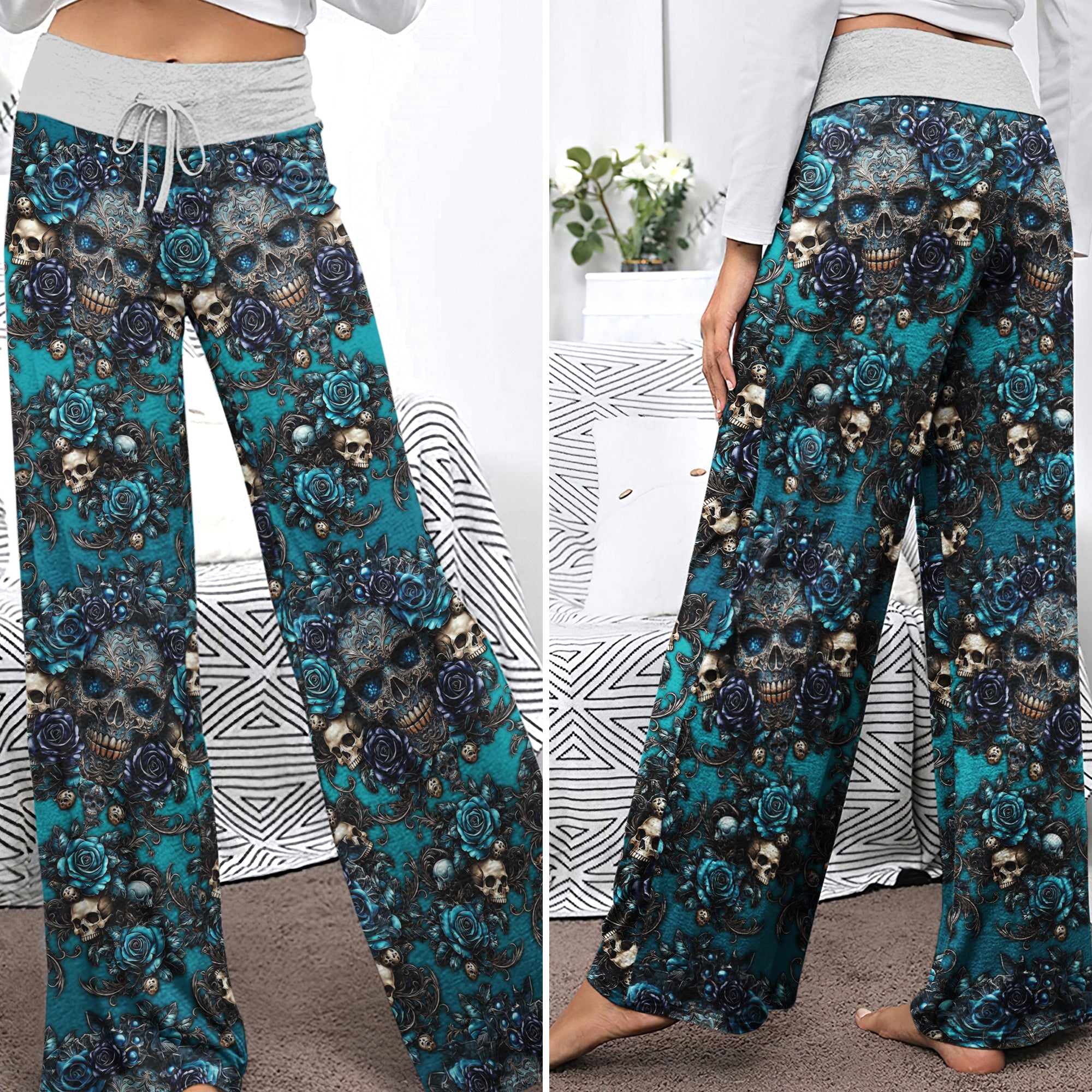 Dark Blue Skull Gothic Women's High-waisted Wide Leg Pants