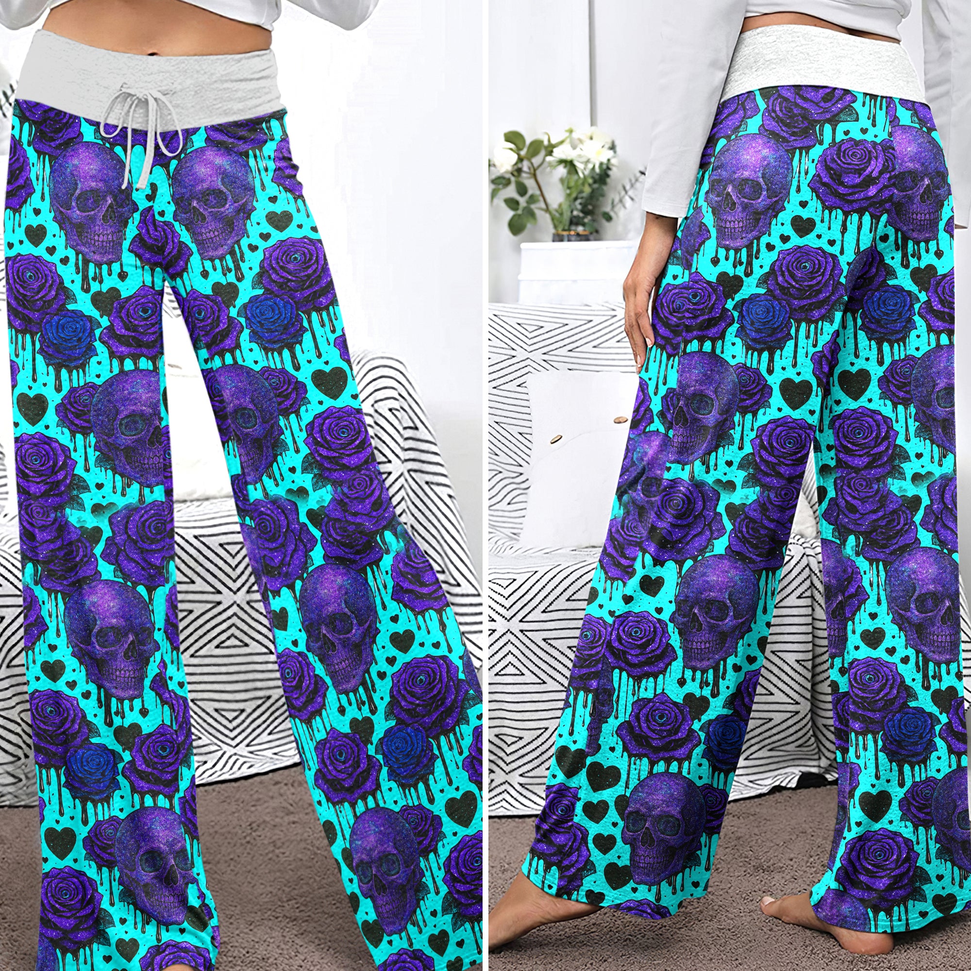 Neon Skull Rose Melting Women's High-waisted Wide Leg Pants