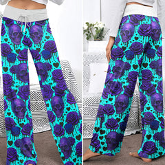 Neon Skull Rose Melting Women's High-waisted Wide Leg Pants