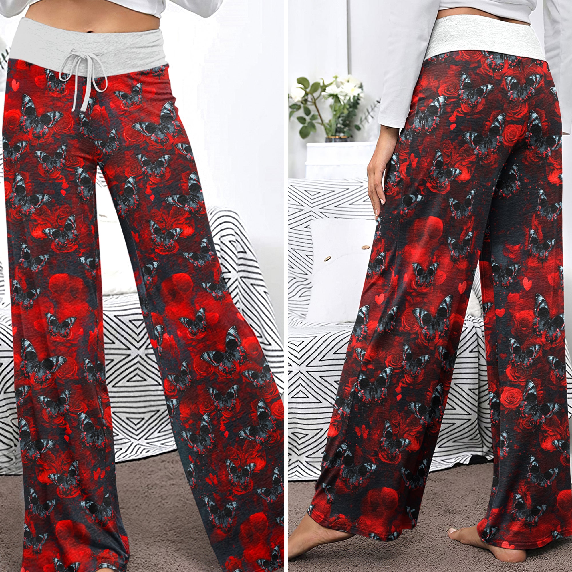 Red Butterfly Skull Pattern Women's High-waisted Wide Leg Pants