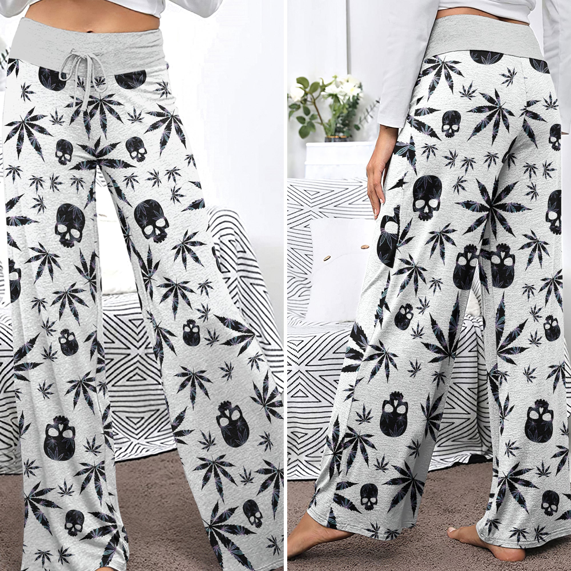 Black Skull Leaf Pattern Women's High-waisted Wide Leg Pants