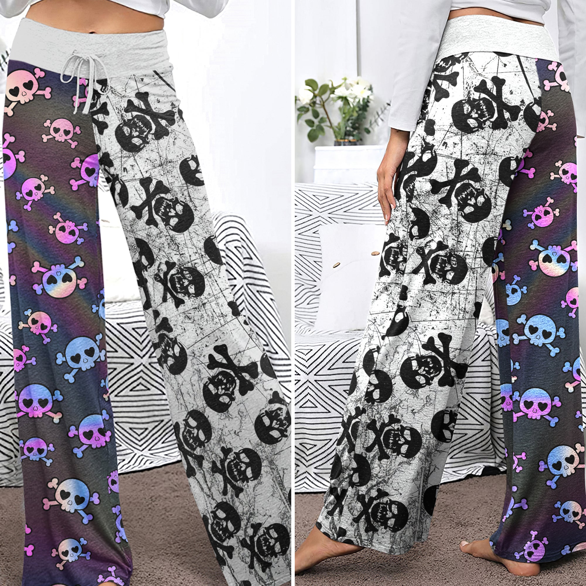 Retro Grunge & Pastel Skull Women's High-waisted Wide Leg Pants