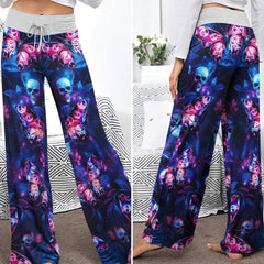 Neon Skull Butterfly Pattern Women's High-waisted Wide Leg Pants