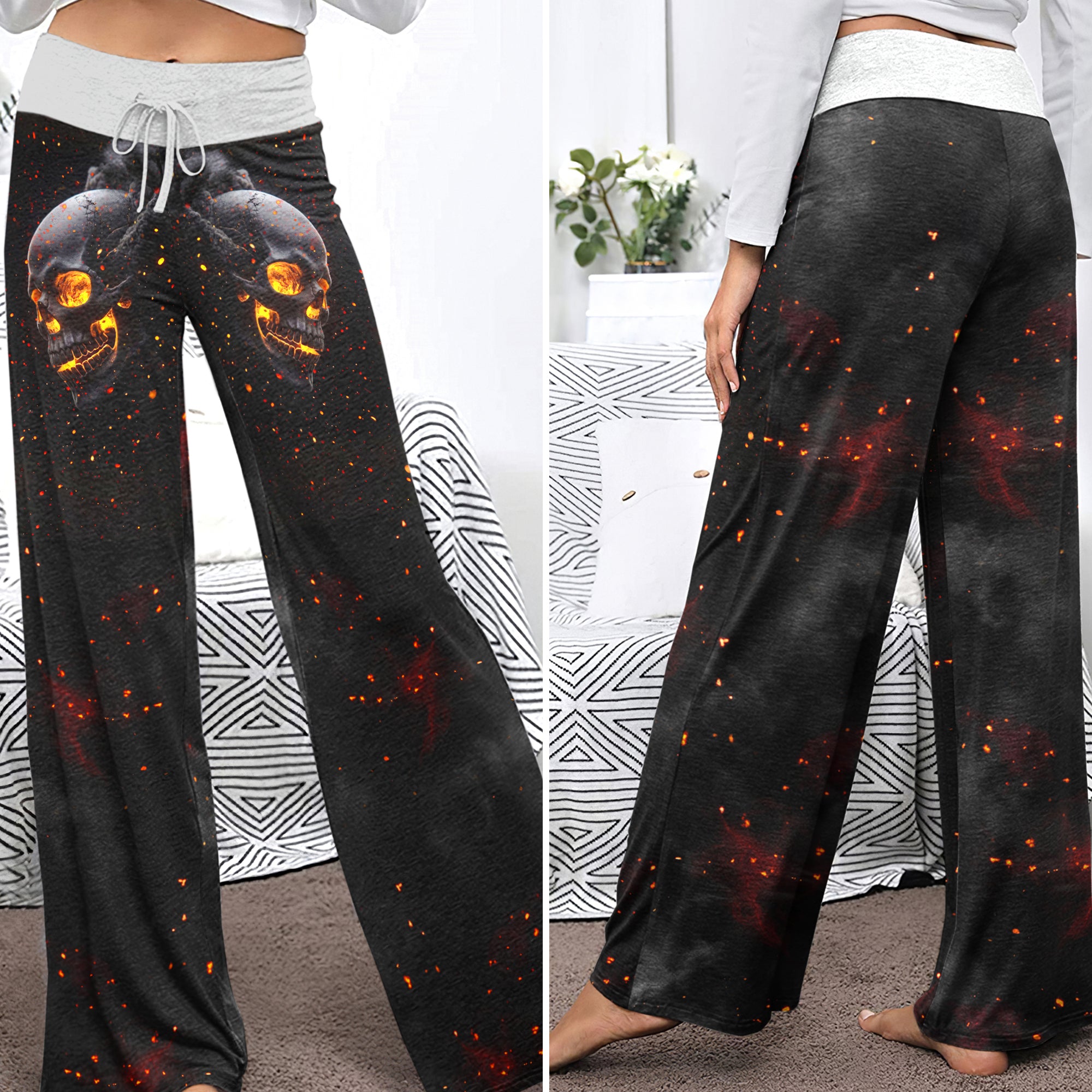 Flaming Skull Art Women's High-waisted Wide Leg Pants