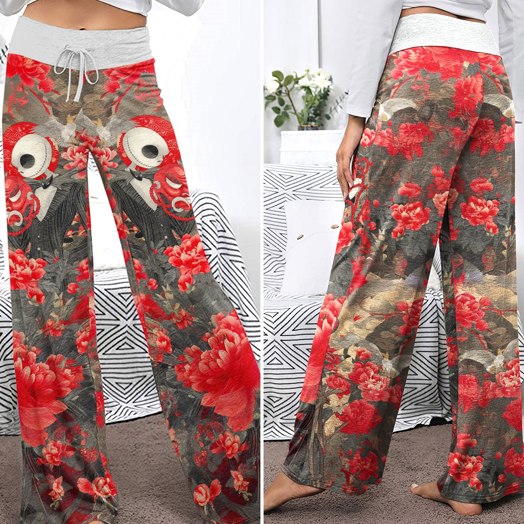 Red Masked Skeleton Amidst Women's High-waisted Wide Leg Pants