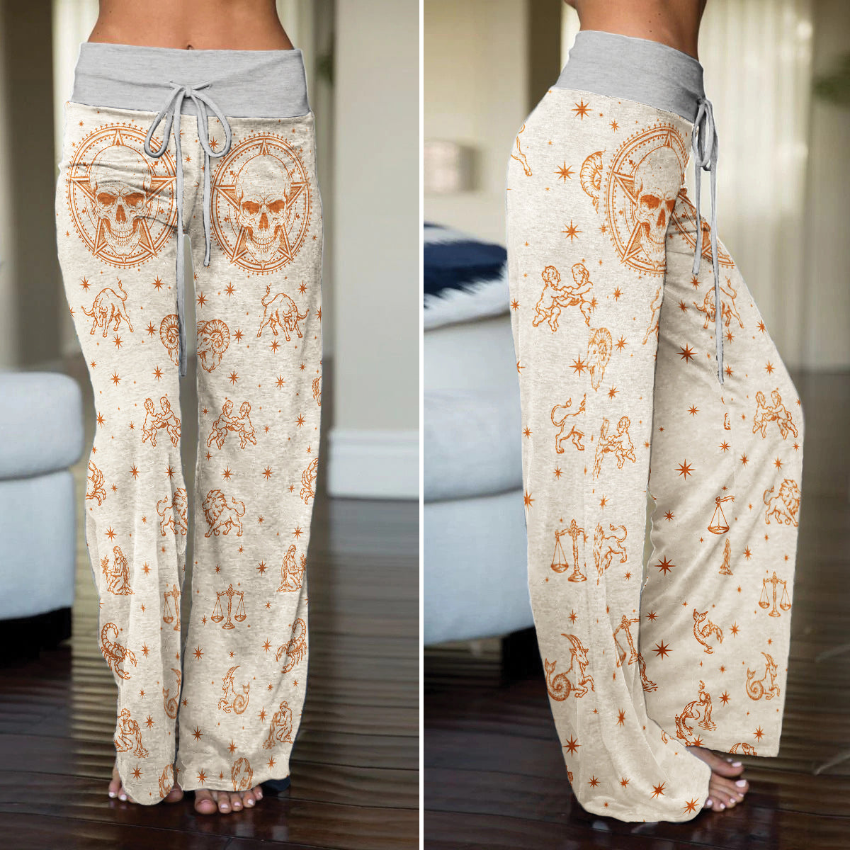 Celestial Zodiac Skull Art Women's High-waisted Wide Leg Pants