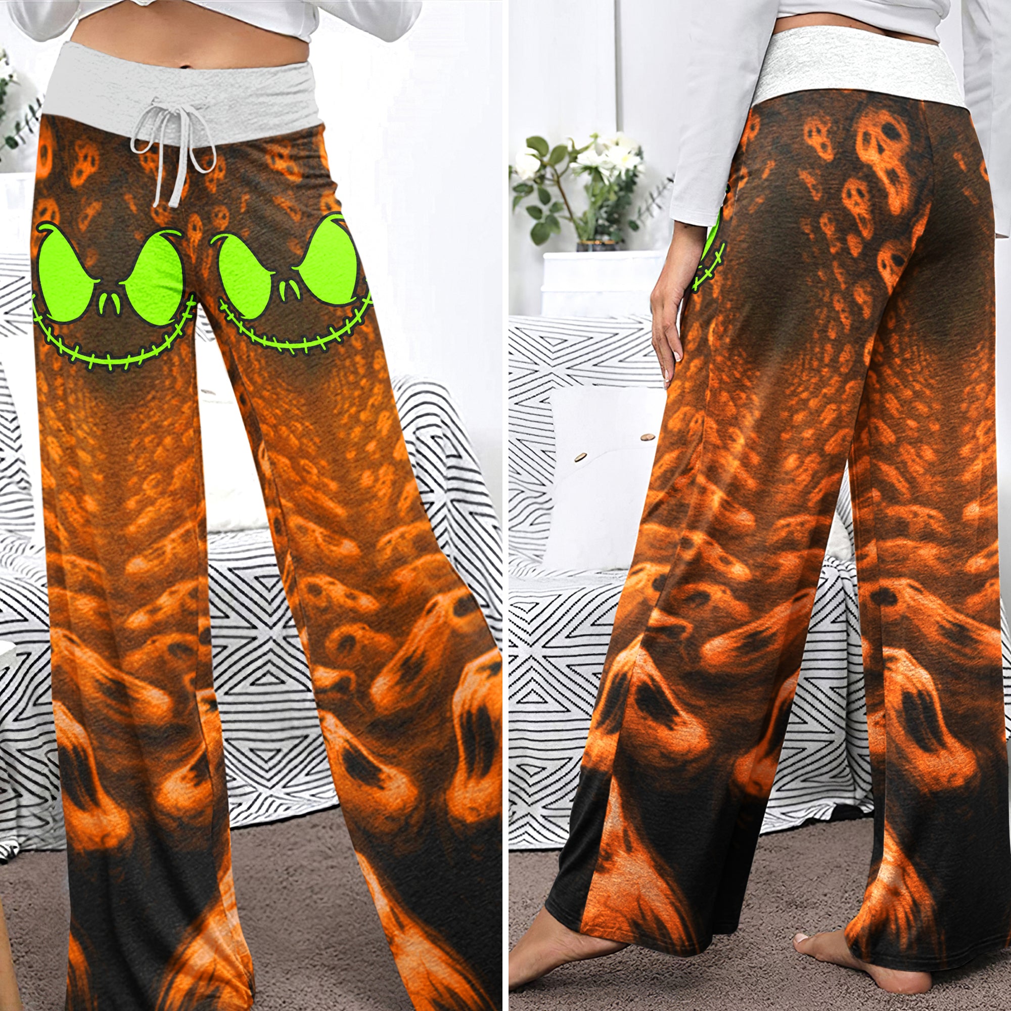 Infinite Orange Skull Art Women's High-waisted Wide Leg Pants
