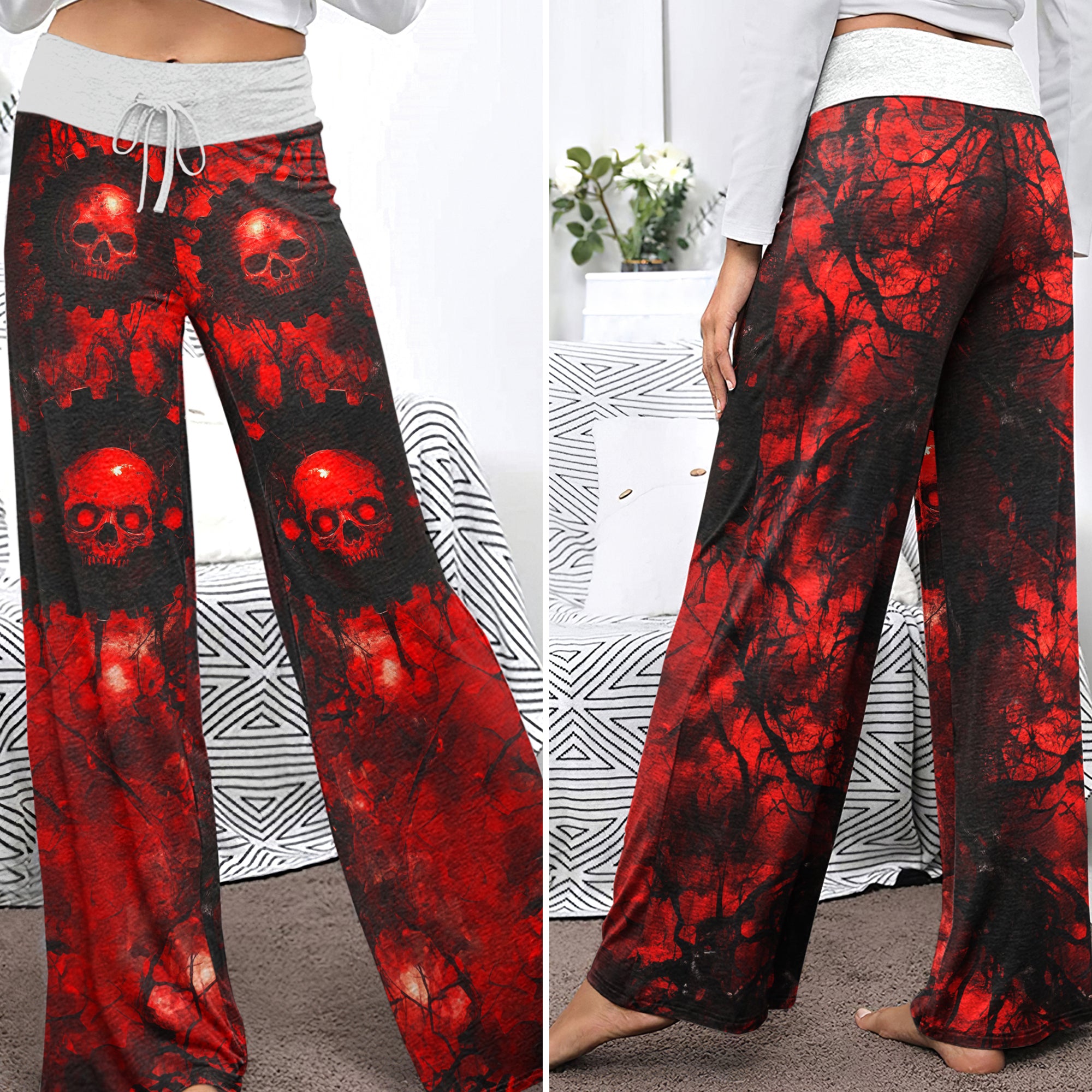 Red Skull Horror Women's High-waisted Wide Leg Pants