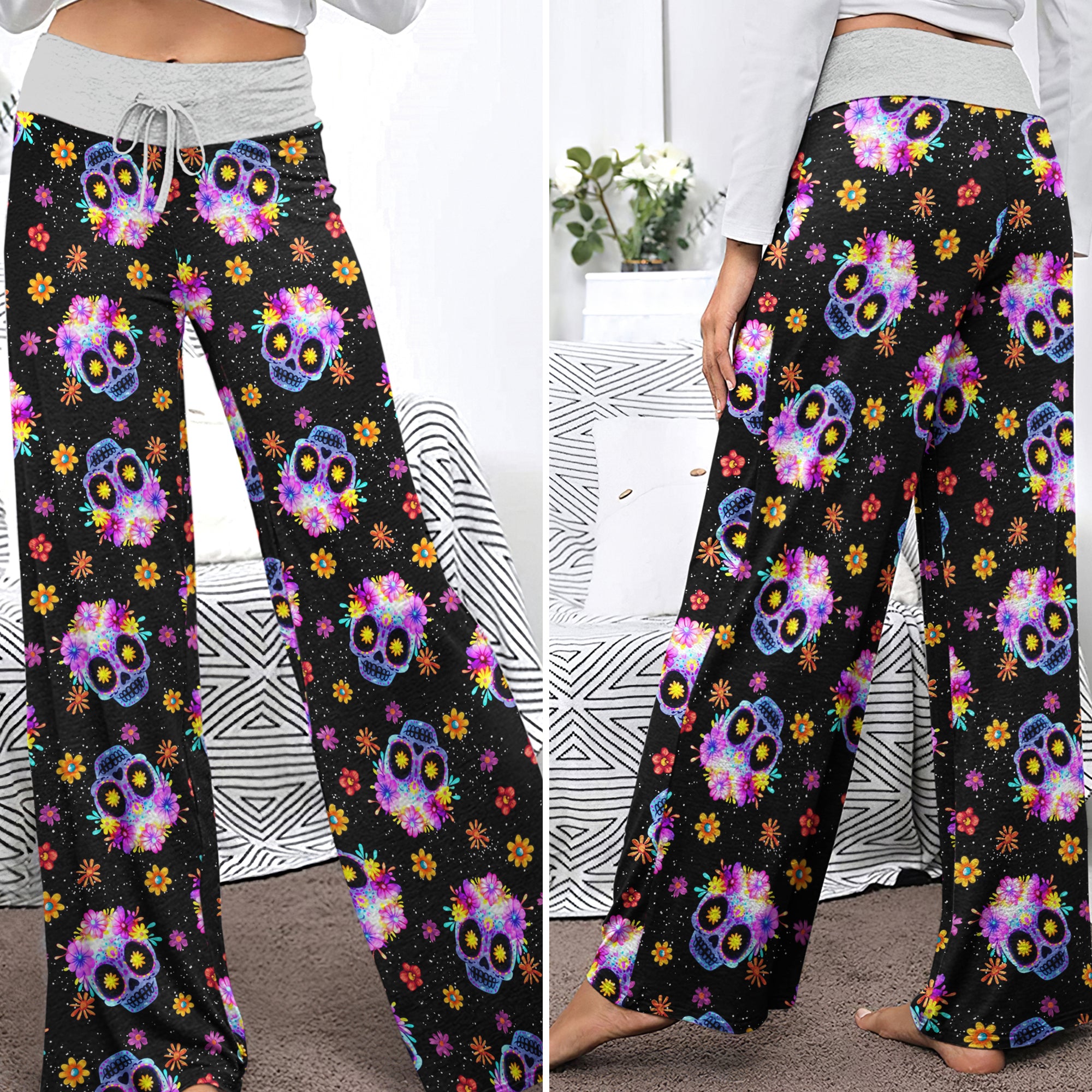 Colorful Skull Flower Pattern Women's High-waisted Wide Leg Pants