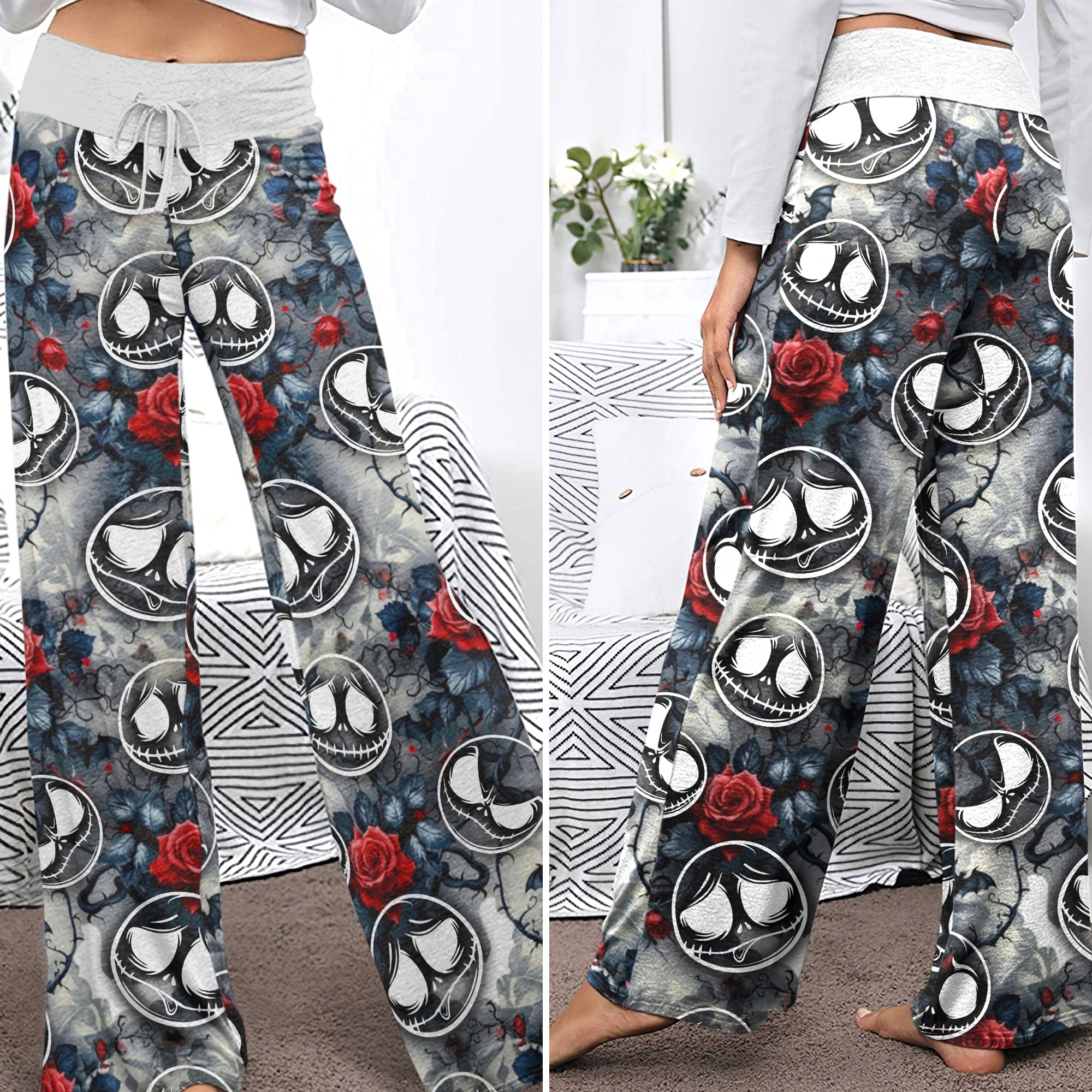Gothic Skull Bloom Rose Women's High-waisted Wide Leg Pants