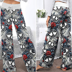 Gothic Skull Bloom Rose Women's High-waisted Wide Leg Pants