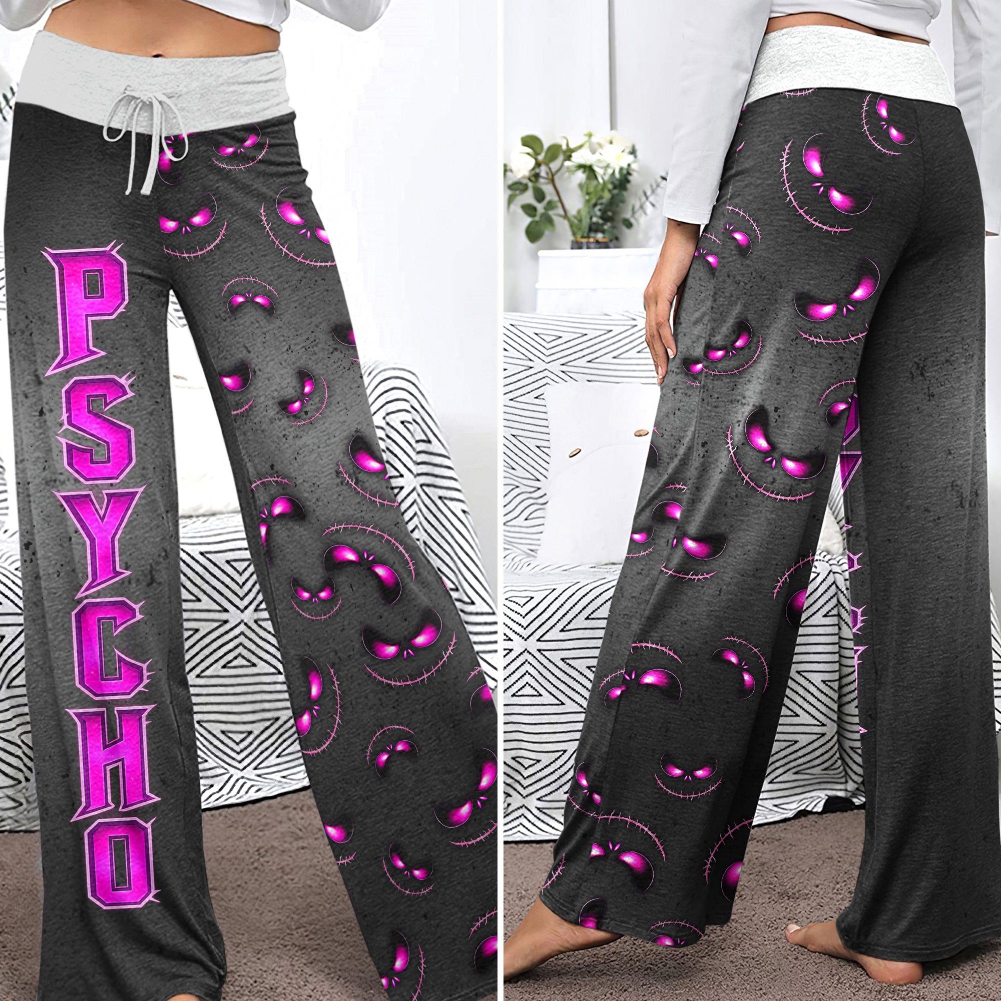 Stitched Violet Skull Pattern Women's High-waisted Wide Leg Pants