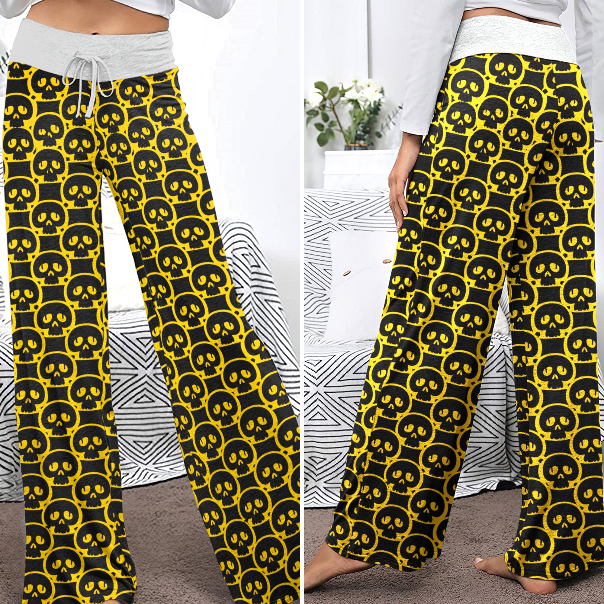 Bold Skull Yellow Pattern Women's High-waisted Wide Leg Pants