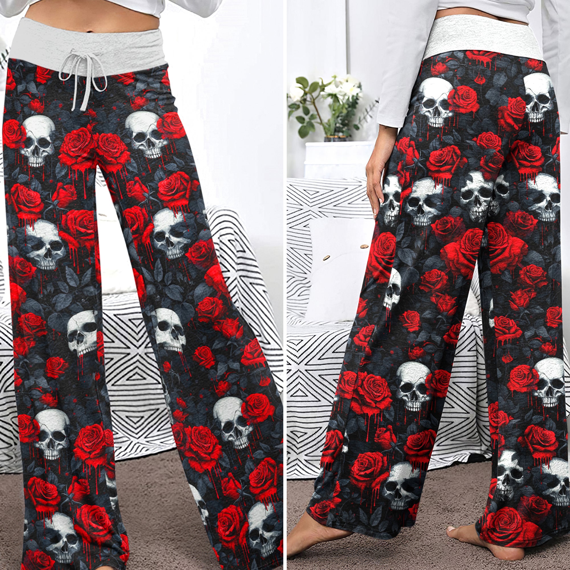 Skull Thorns Rose Pattern Women's High-waisted Wide Leg Pants