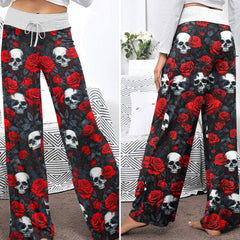 Skull Thorns Rose Pattern Women's High-waisted Wide Leg Pants