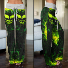 Green Abstract Scary Face Women's High-waisted Wide Leg Pants | Wonder Skull