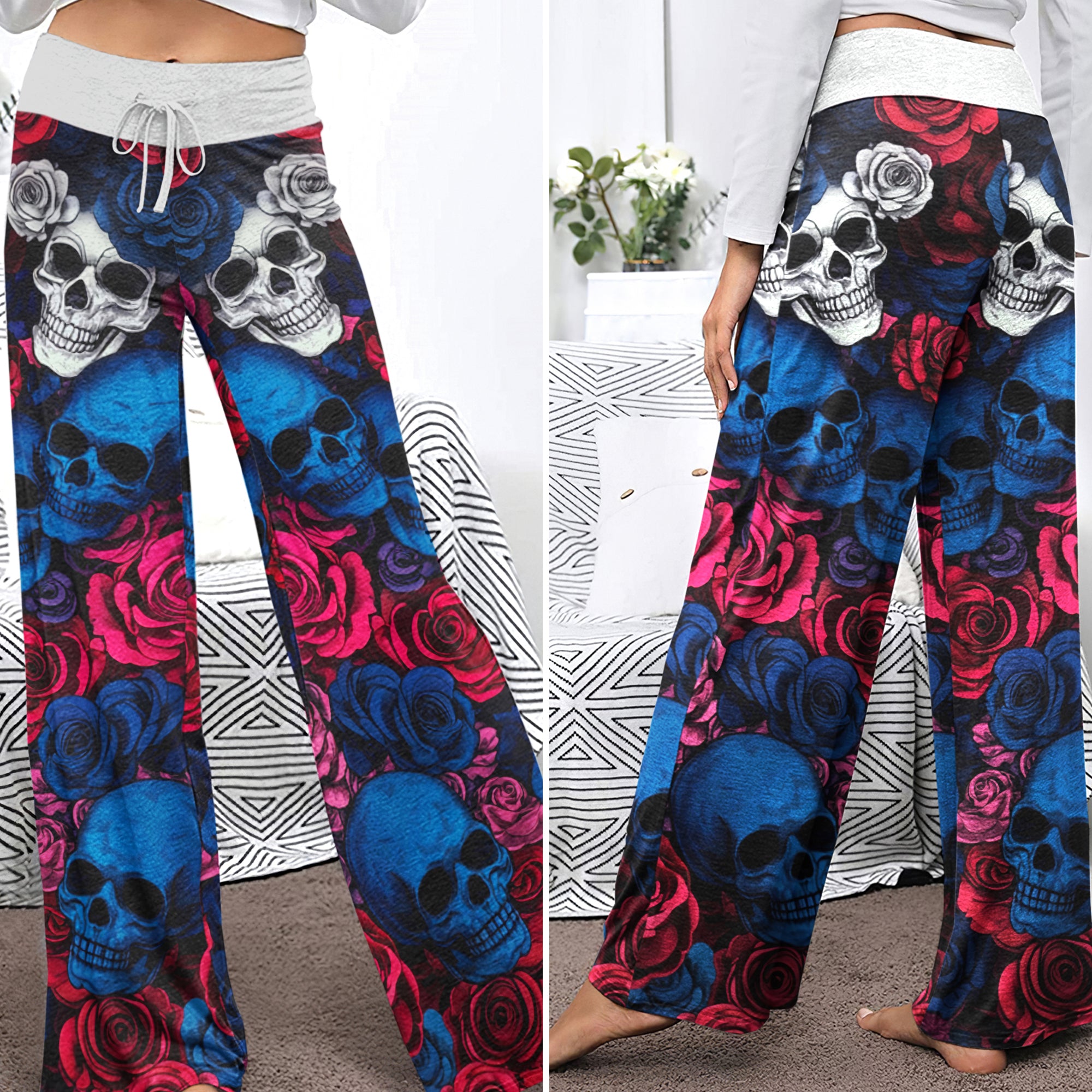 Rebel Rose Skull Pattern Women's High-waisted Wide Leg Pants