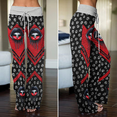 Black Red Skull Lip Women's High-waisted Wide Leg Pants