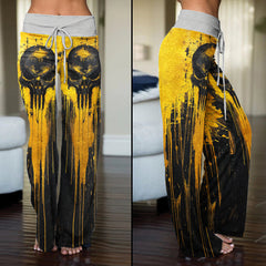 Yellow Abstract Scary Skull Women's High-waisted Wide Leg Pants | Wonder Skull