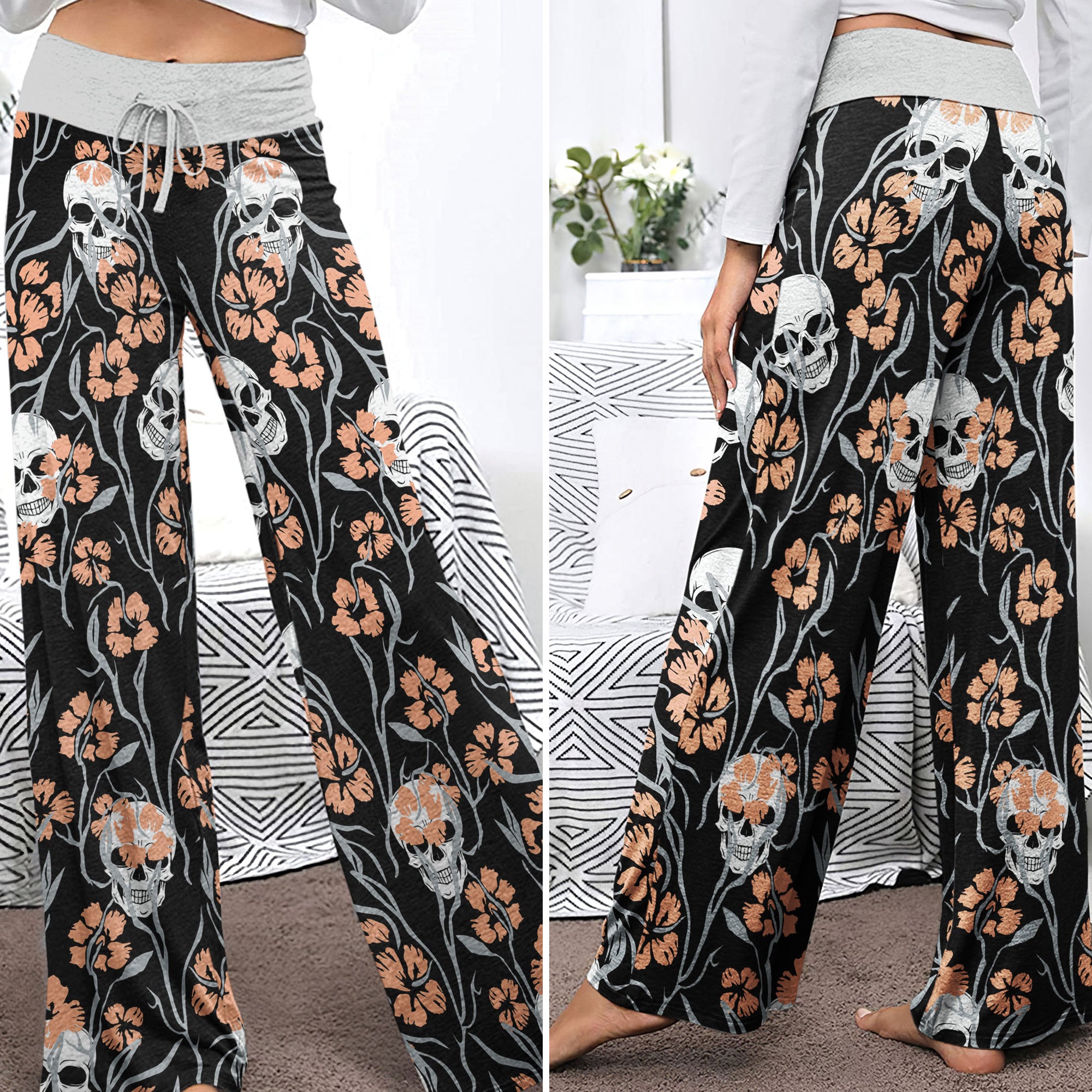 Pastel Skull Flower Pattern Women's High-waisted Wide Leg Pants