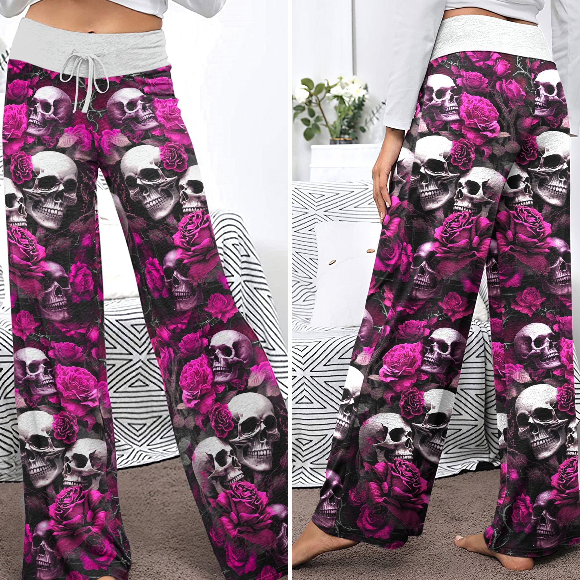 Pink Skull Verdant Whisper Women's High-waisted Wide Leg Pants