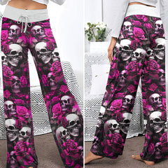 Pink Skull Verdant Whisper Women's High-waisted Wide Leg Pants