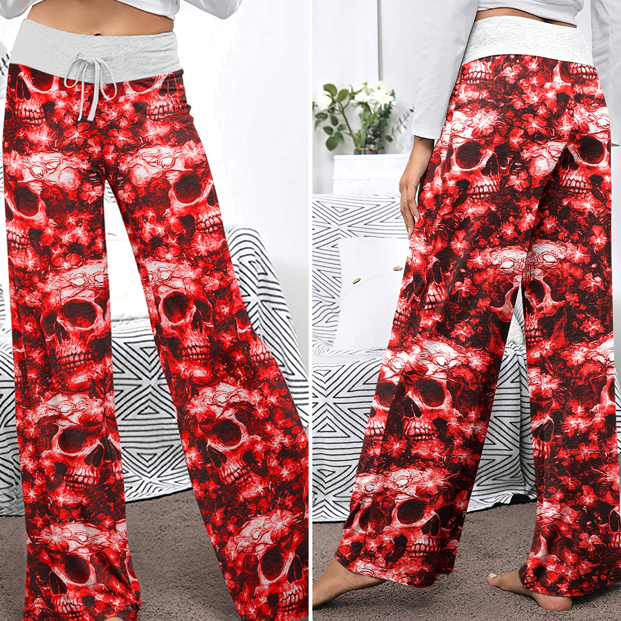 Red Skull Orchid Pattern Women's High-waisted Wide Leg Pants