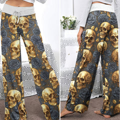 Gold Skull & Black Rose Women's High-waisted Wide Leg Pants