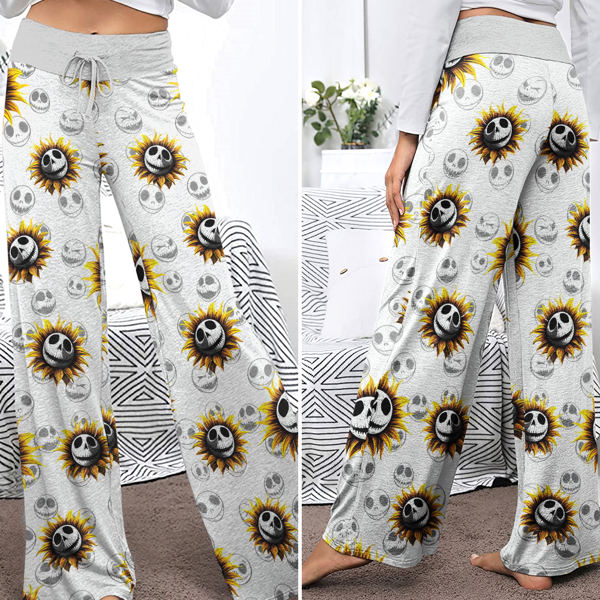 Flower Nightamre Patttern Women's High-waisted Wide Leg Pants