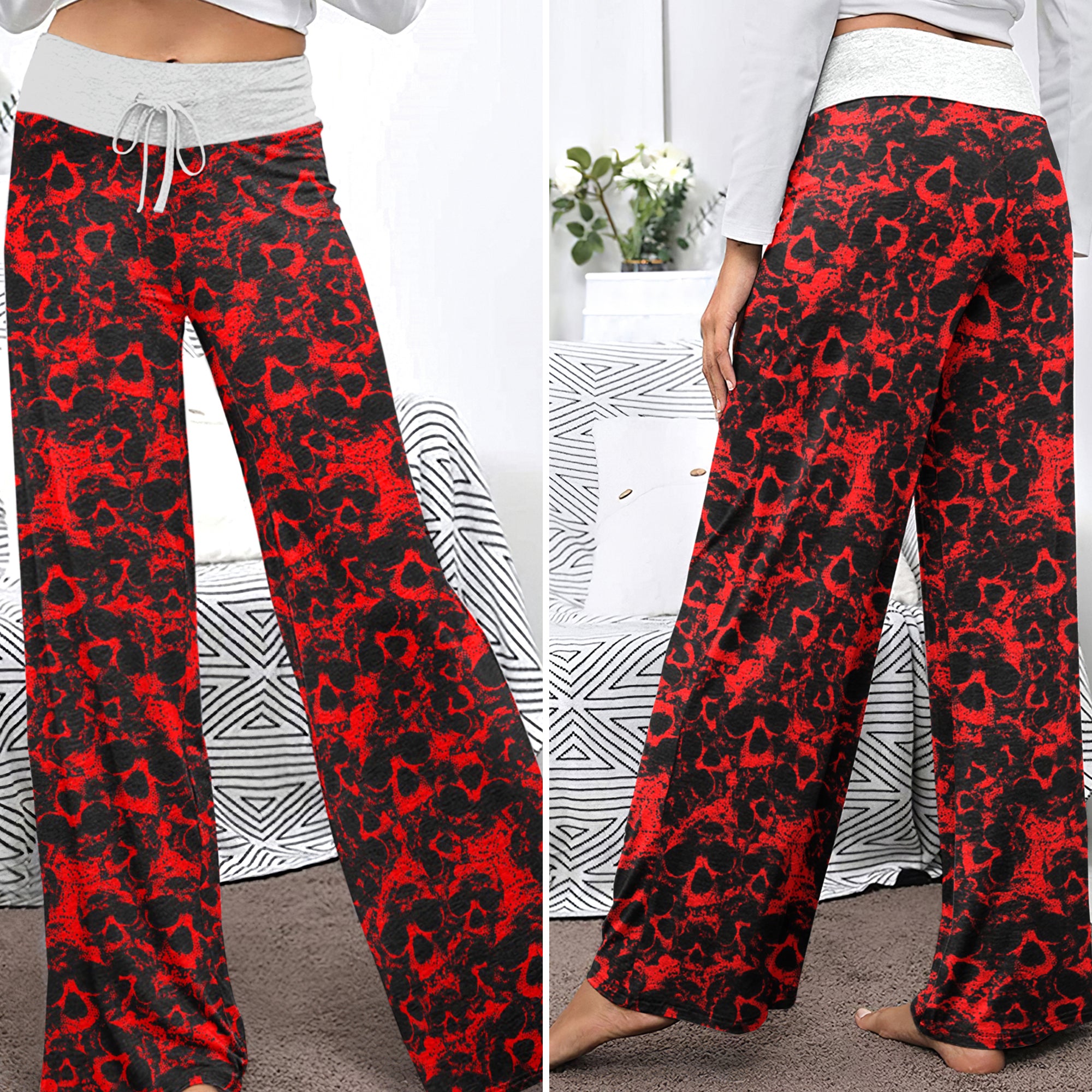 Red Skull Pattern Women's High-waisted Wide Leg Pants