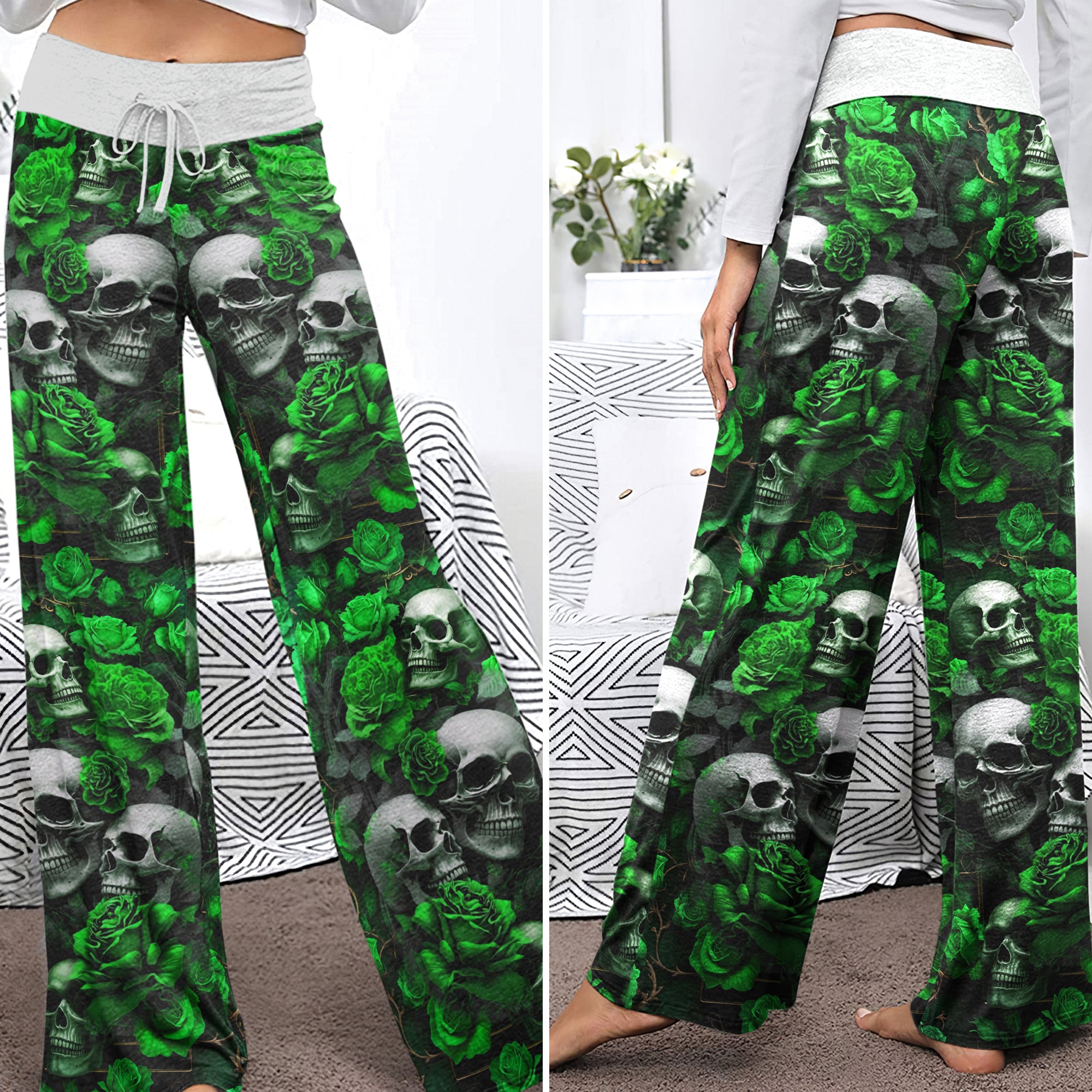 Gothic Skull Verdant Whisper Women's High-waisted Wide Leg Pants