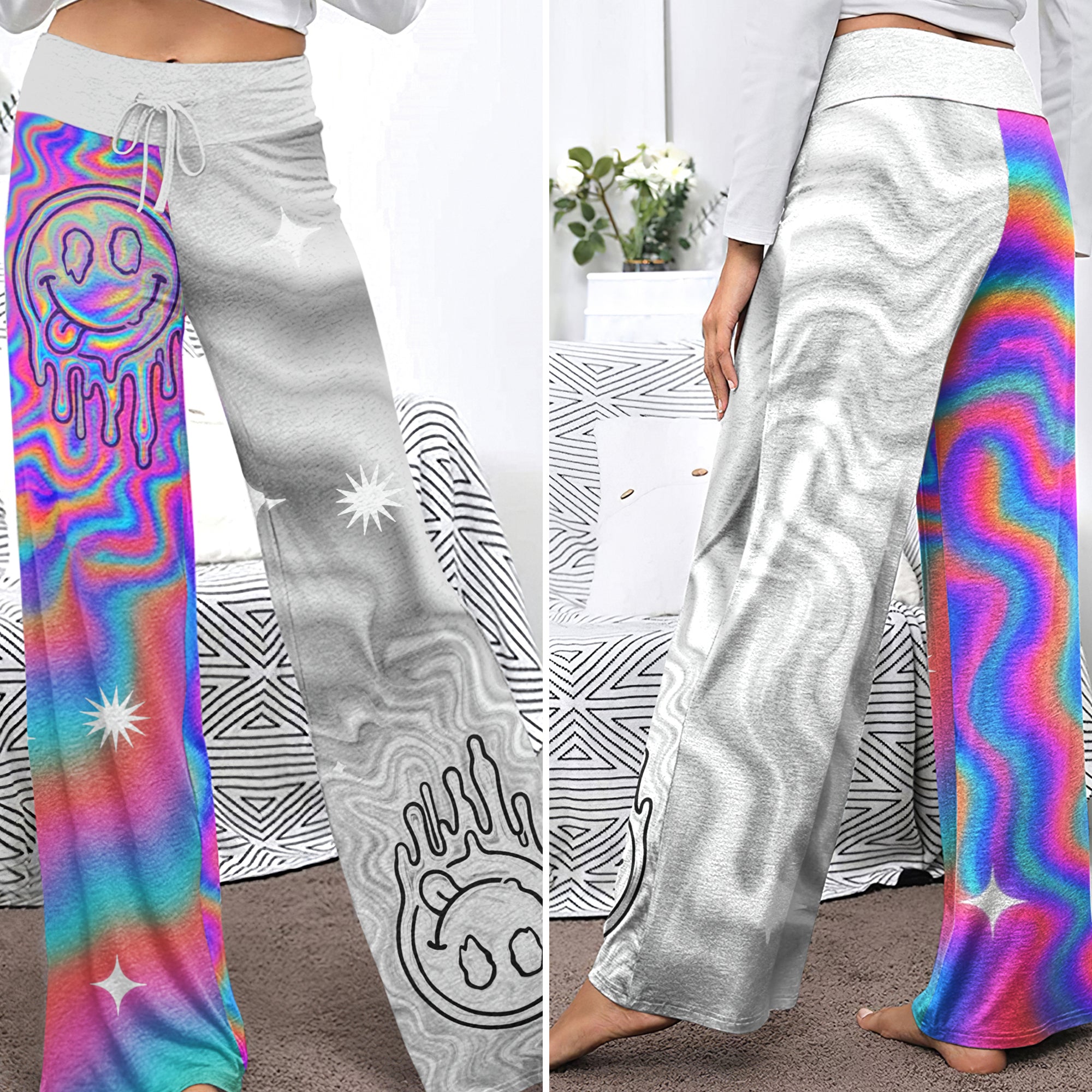 Holographic Melt Face Women's High-waisted Wide Leg Pants