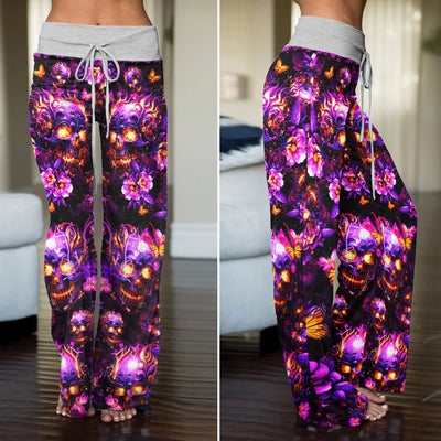 Violet Inferno Skulls Women's High-waisted Wide Leg Pants