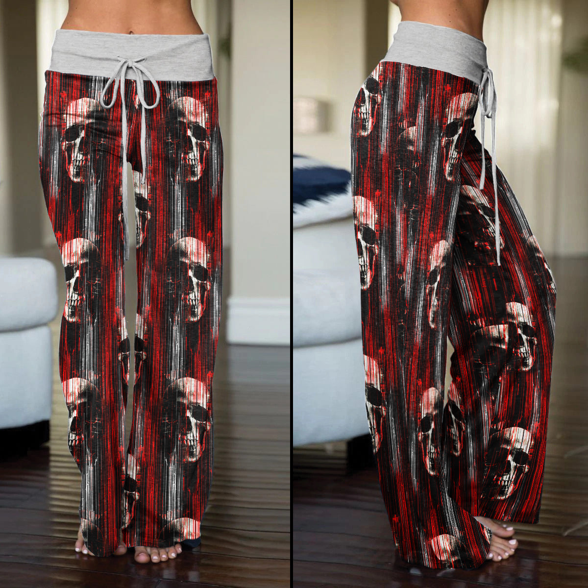 Red Horror Skull Pattern Women's High-waisted Wide Leg Pants | Wonder Skull