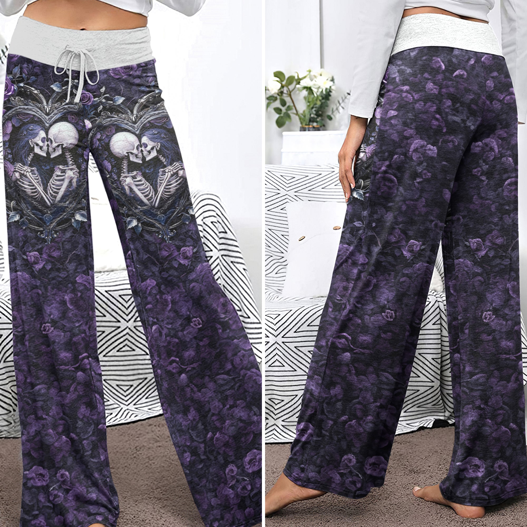 Purple Couple Skeleton Art Women's High-waisted Wide Leg Pants