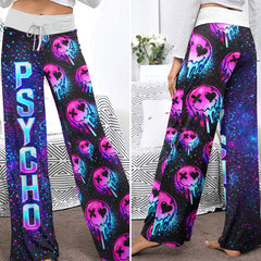 Neon Meltdown Skull Pattern Women's High-waisted Wide Leg Pants