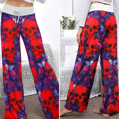 Red Skull Abstract Pattern Women's High-waisted Wide Leg Pants