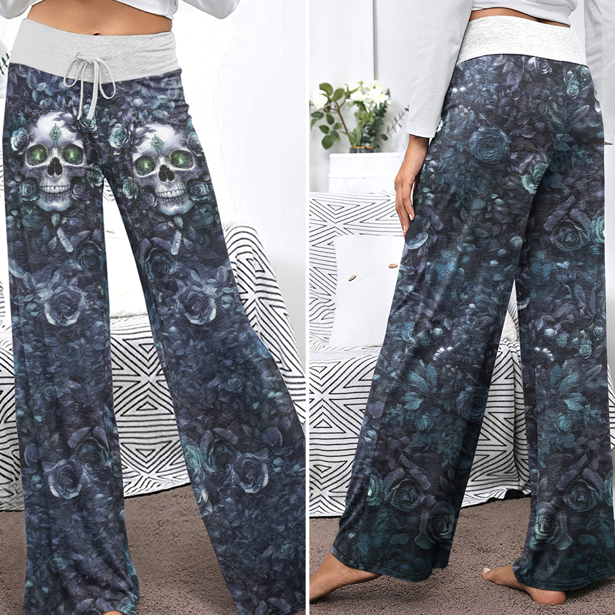 Dark Skull Rose Art Women's High-waisted Wide Leg Pants