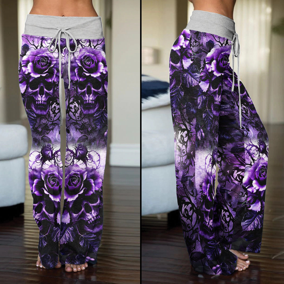 Purple Skull Rose Floral Women's High-waisted Wide Leg Pants | Wonder Skull