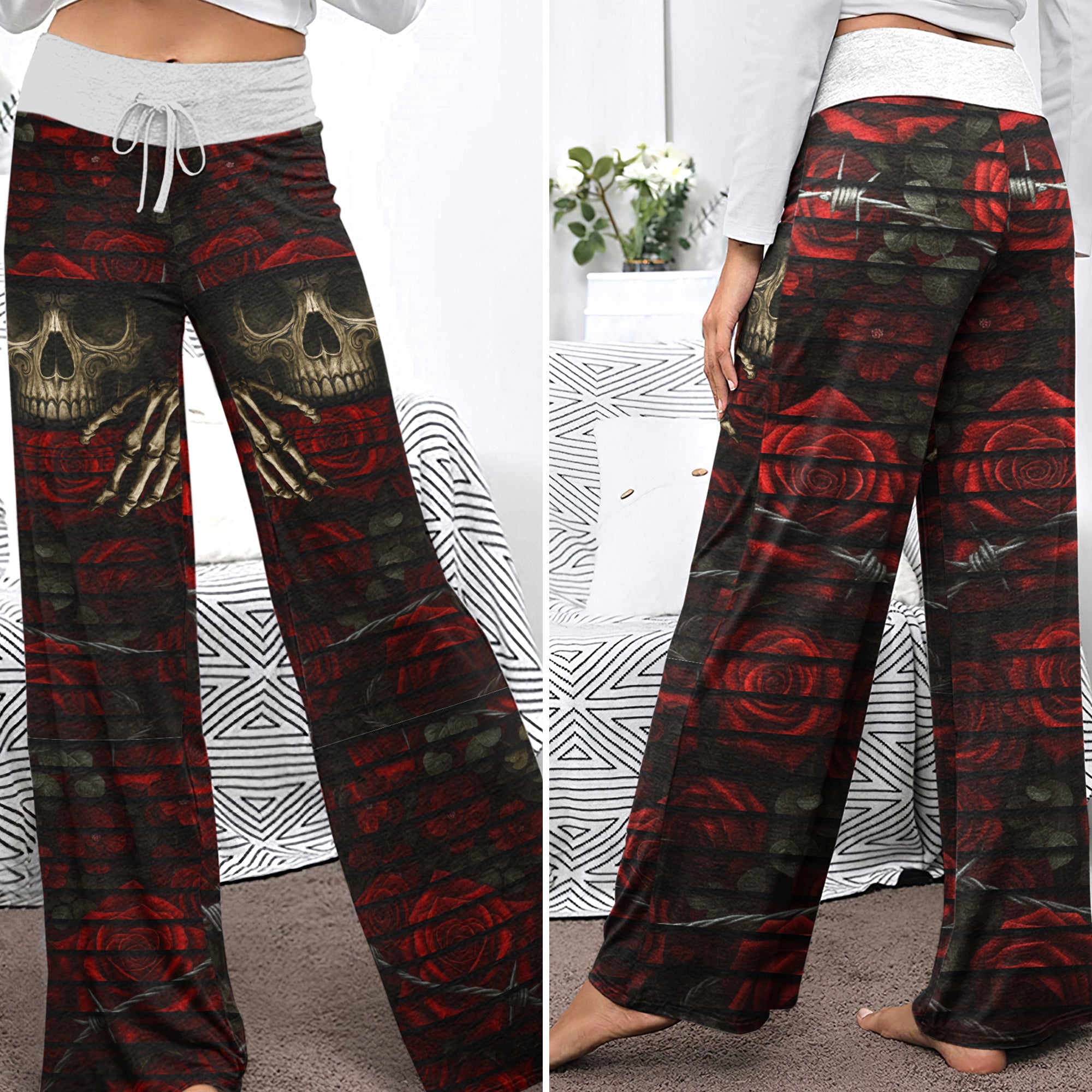 Barbed Heart Skull Rose Women's High-waisted Wide Leg Pants