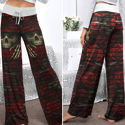 Barbed Heart Skull Rose Women's High-waisted Wide Leg Pants