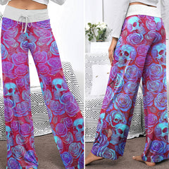 Purple Neon Skull Rose Women's High-waisted Wide Leg Pants