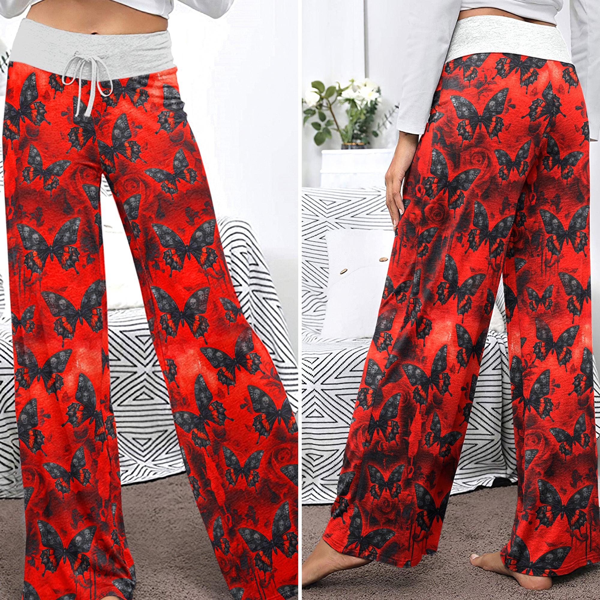 Red Butterfly Skull Gothic Women's High-waisted Wide Leg Pants